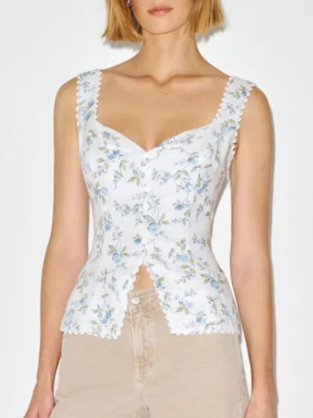 BEST Reformation Viola Linen Top Nostalgia Floral White Blue French Causal - Picture 3 of 11